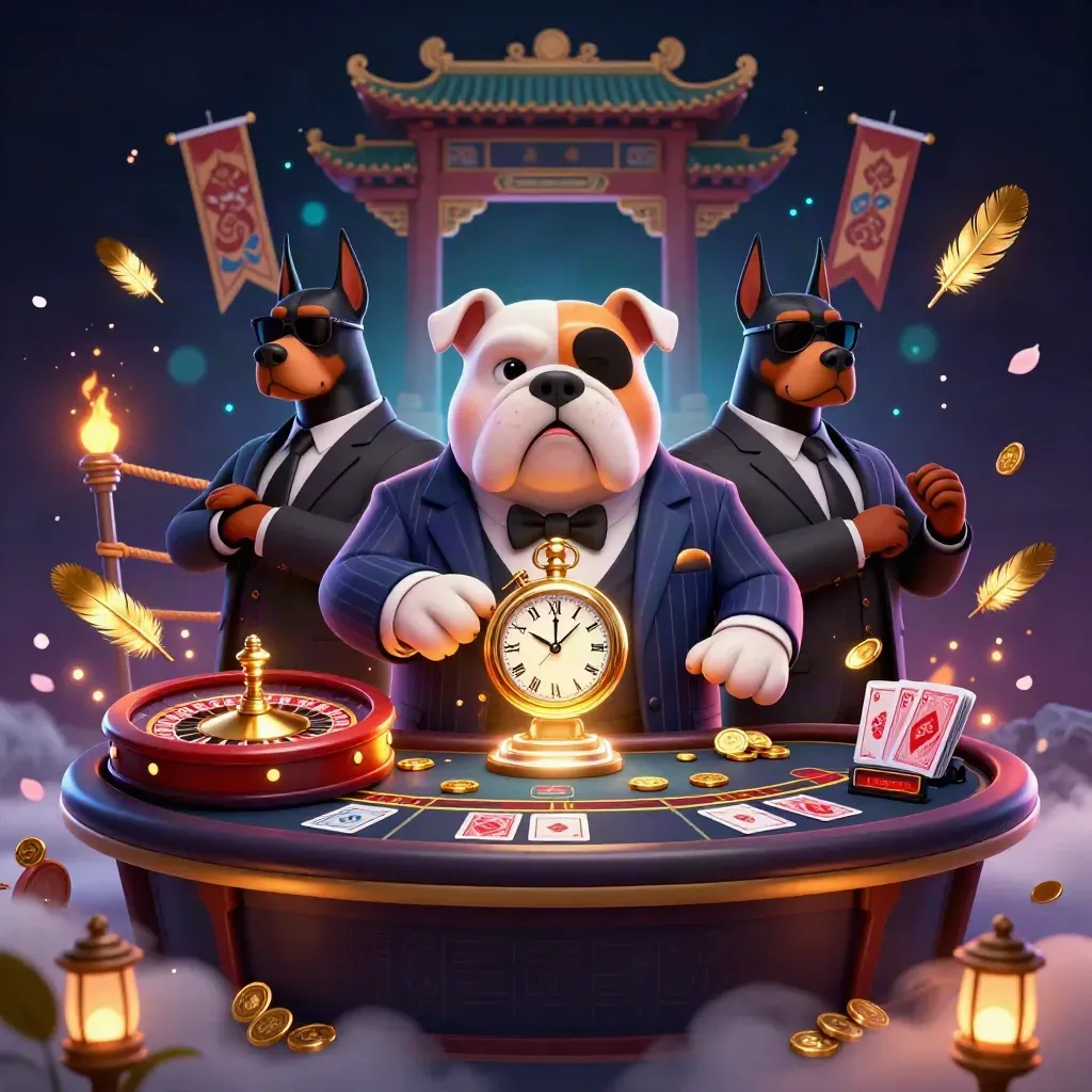 Mafia-boss bulldog with two Dobermans amid casino relics and neon smoke.