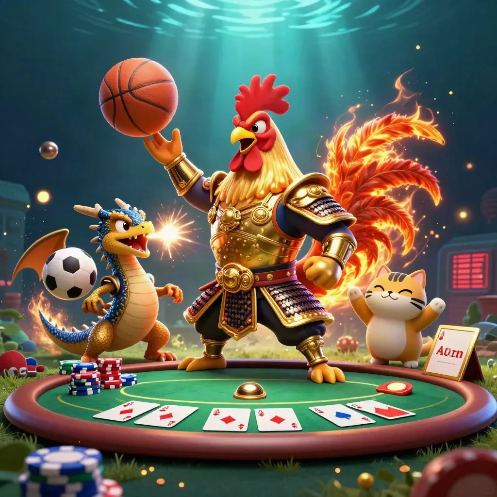Rooster warrior, dragon hatchling and fortune-cat amid casino props, sparks, chips and flying balls.
