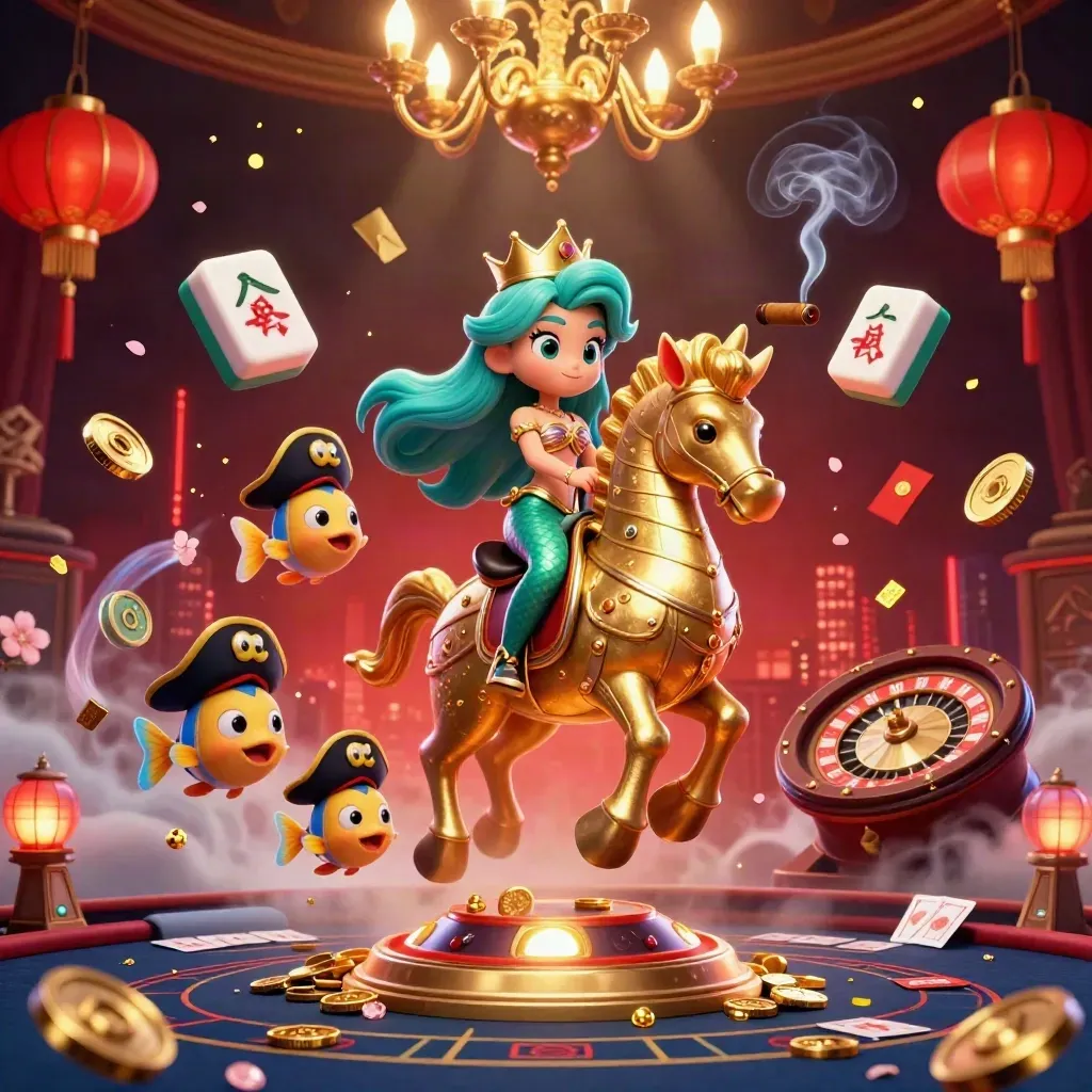 Mermaid princess rides a golden seahorse amid casino lux, lanterns, coins, petals, and roulette.
