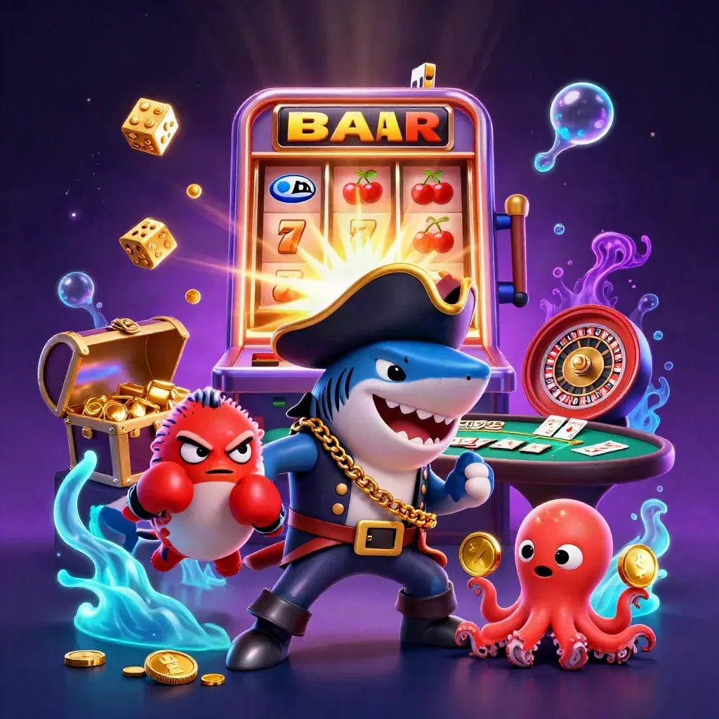 Pirate shark, pufferfish, and octopus amid casino riches, slots, roulette, and glowing underwater light.