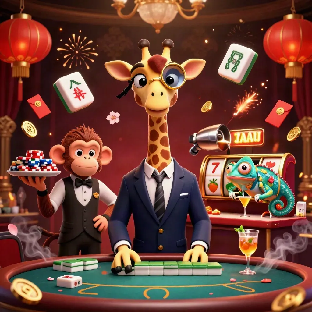 Giraffe high roller, monkey valet, and chameleon bartender amid casino gold, lanterns, coins, and firelight
