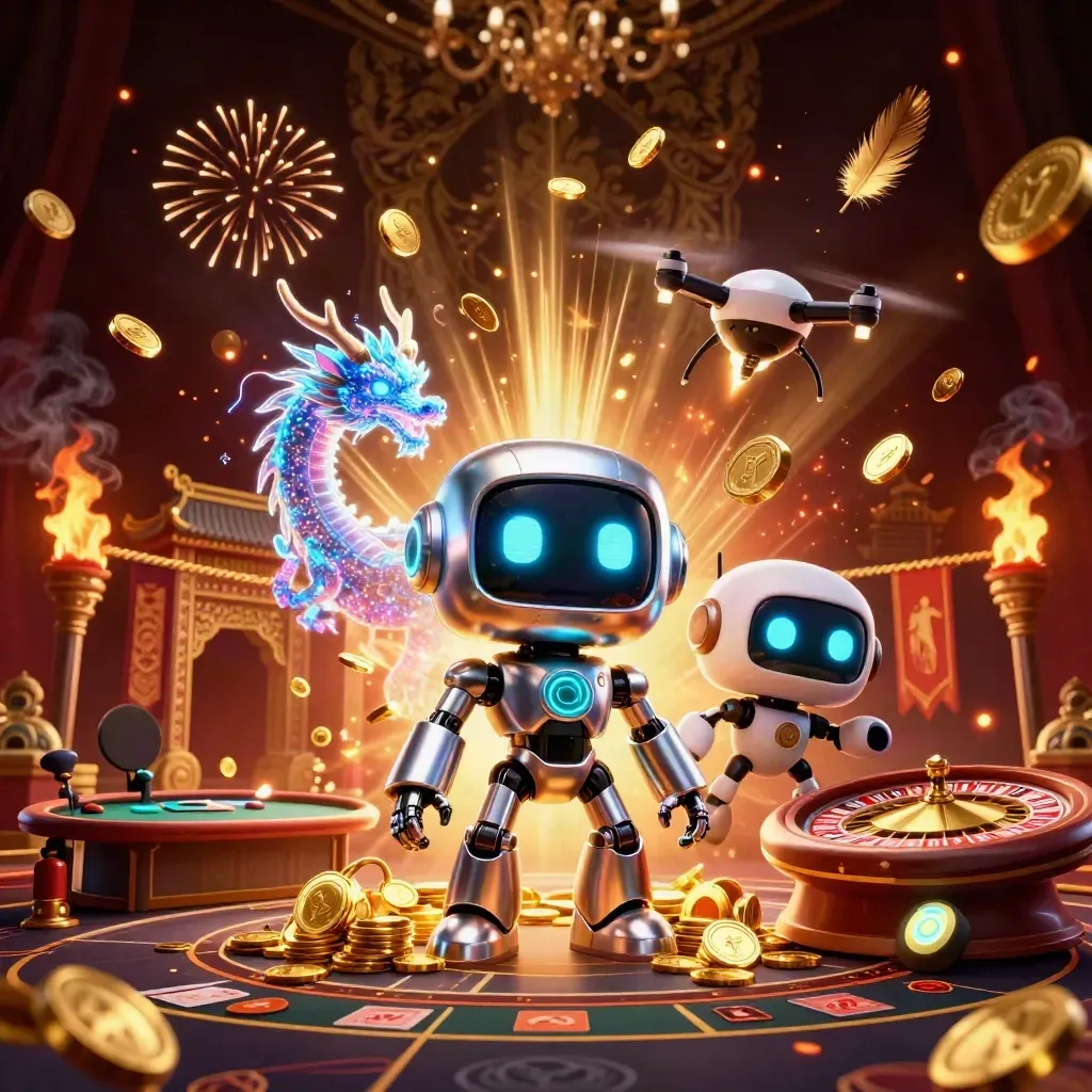 Cyberpunk robot, holographic dragon, and coin drone amid casino treasure, roulette, cards, and fireworks