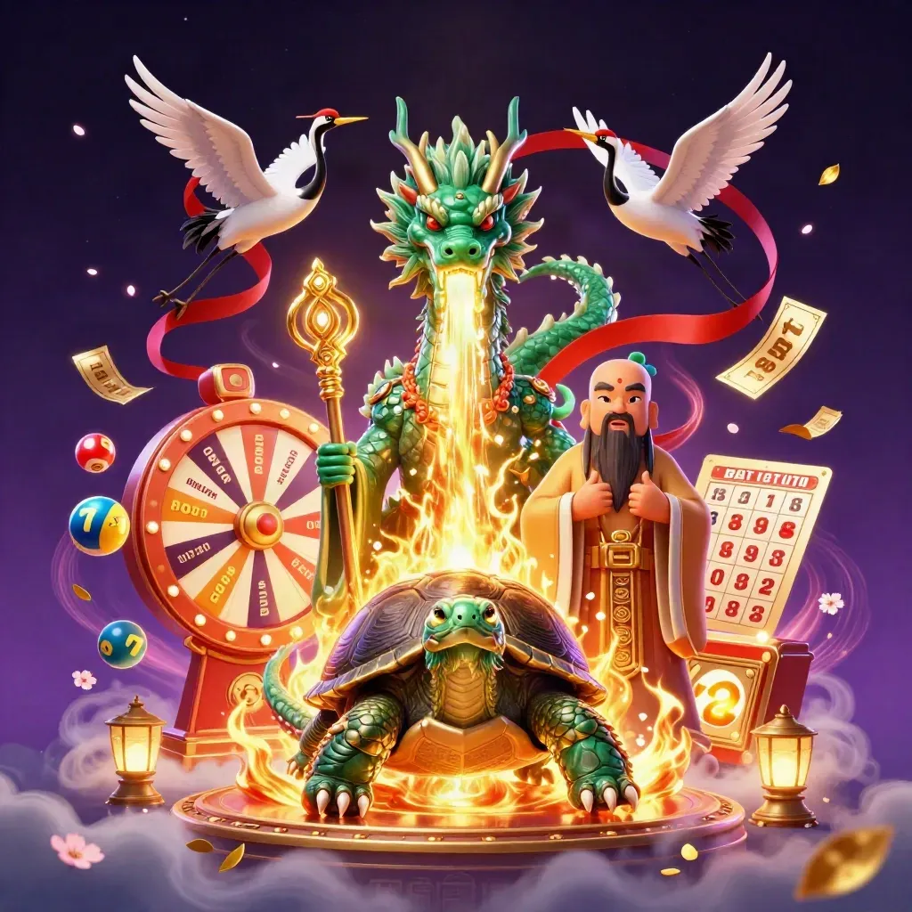 Emerald dragon, turtle sage, and cranes amid casino symbols and glowing magic