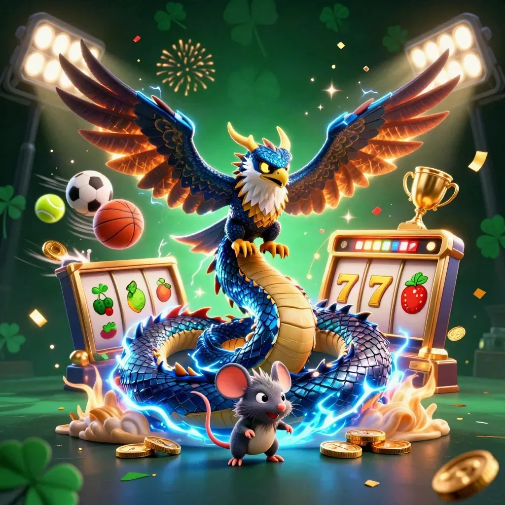 Dragon, hawk, and mouse burst through casino lightning with coins, sports balls, and slot symbols.